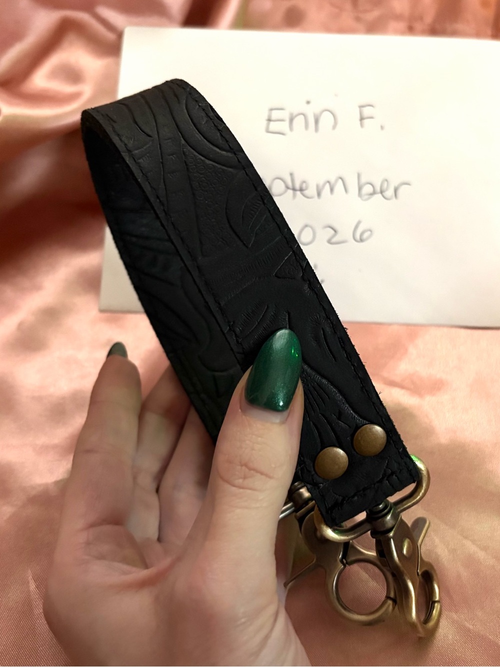 Artisan-Made 14” Grab Strap in Dahlia-Inspired Black Floral Embossed Leather